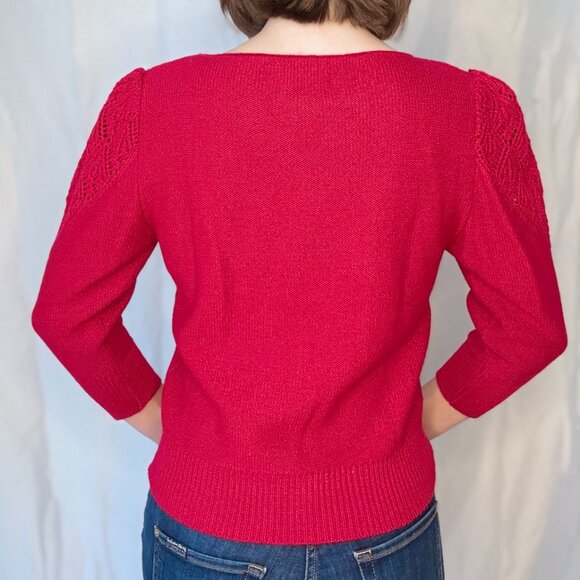 Vintage Red Knit Sweater with Subtle Puff Sleeves - Picture 7 of 8